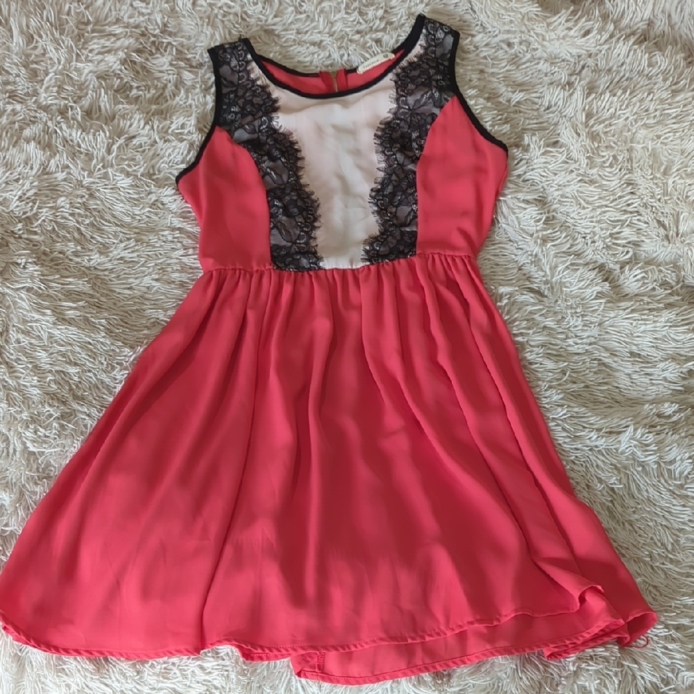 Charming Coral Dress With Black Lace